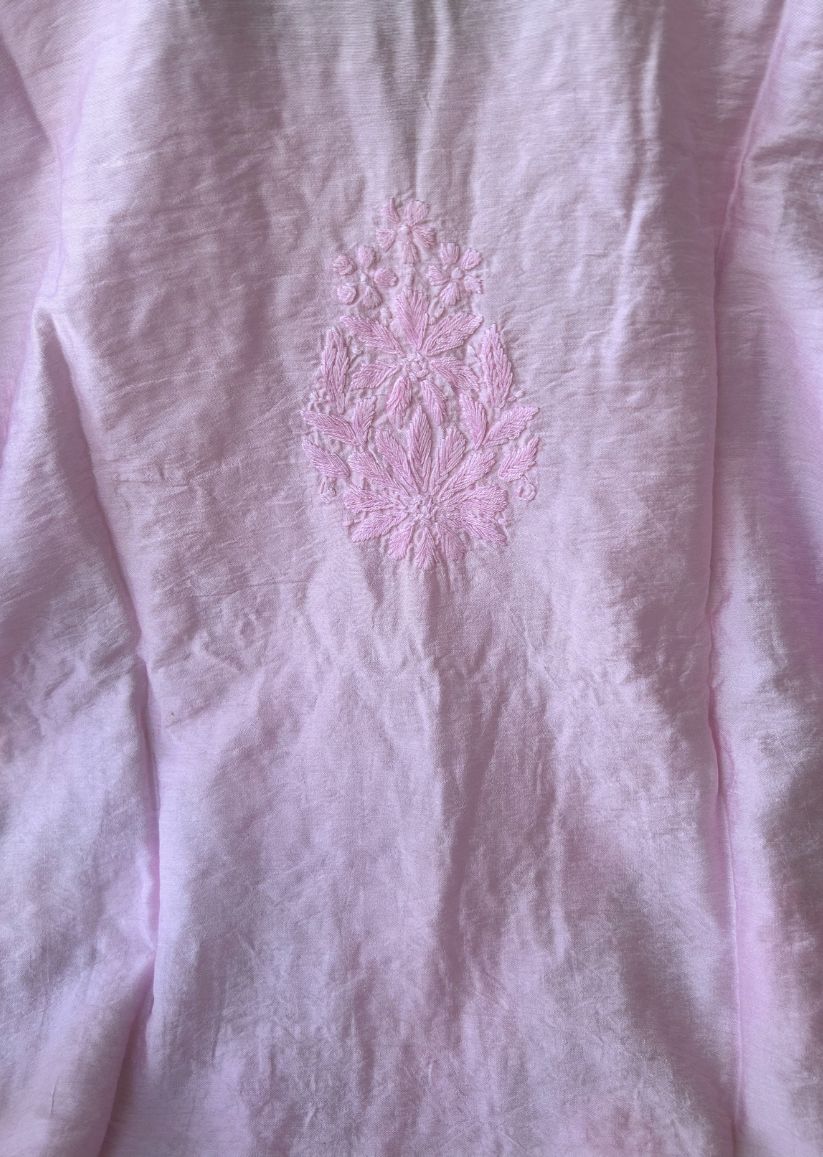 Firgun Pink Lucknowi Chikankari Chanderi Straight Kurta
