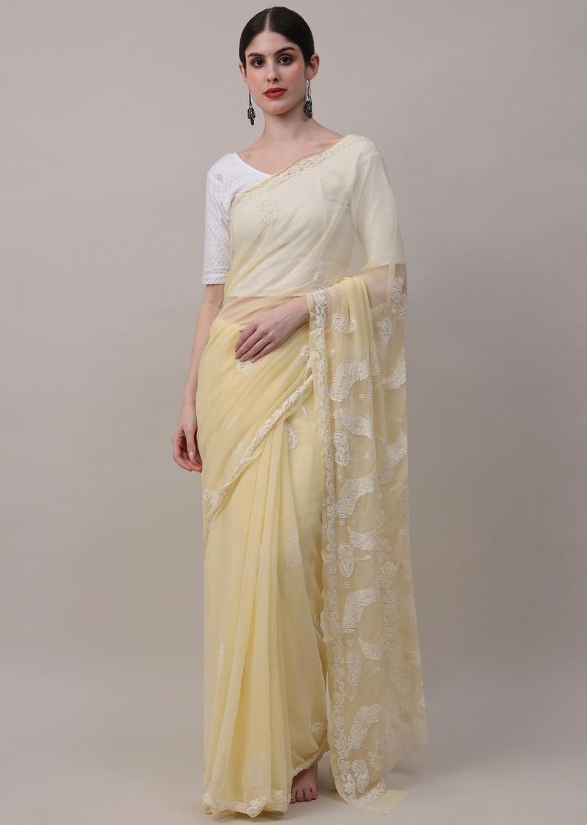 Firgun Mustard Yellow Lucknowi Chikankari Georgette Saree with Unstitched Blouse Piece