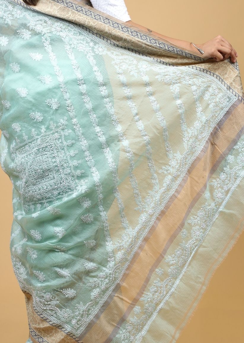 Firgun Green Lucknowi Chikankari Cotton Saree with Unstitched Blouse Piece