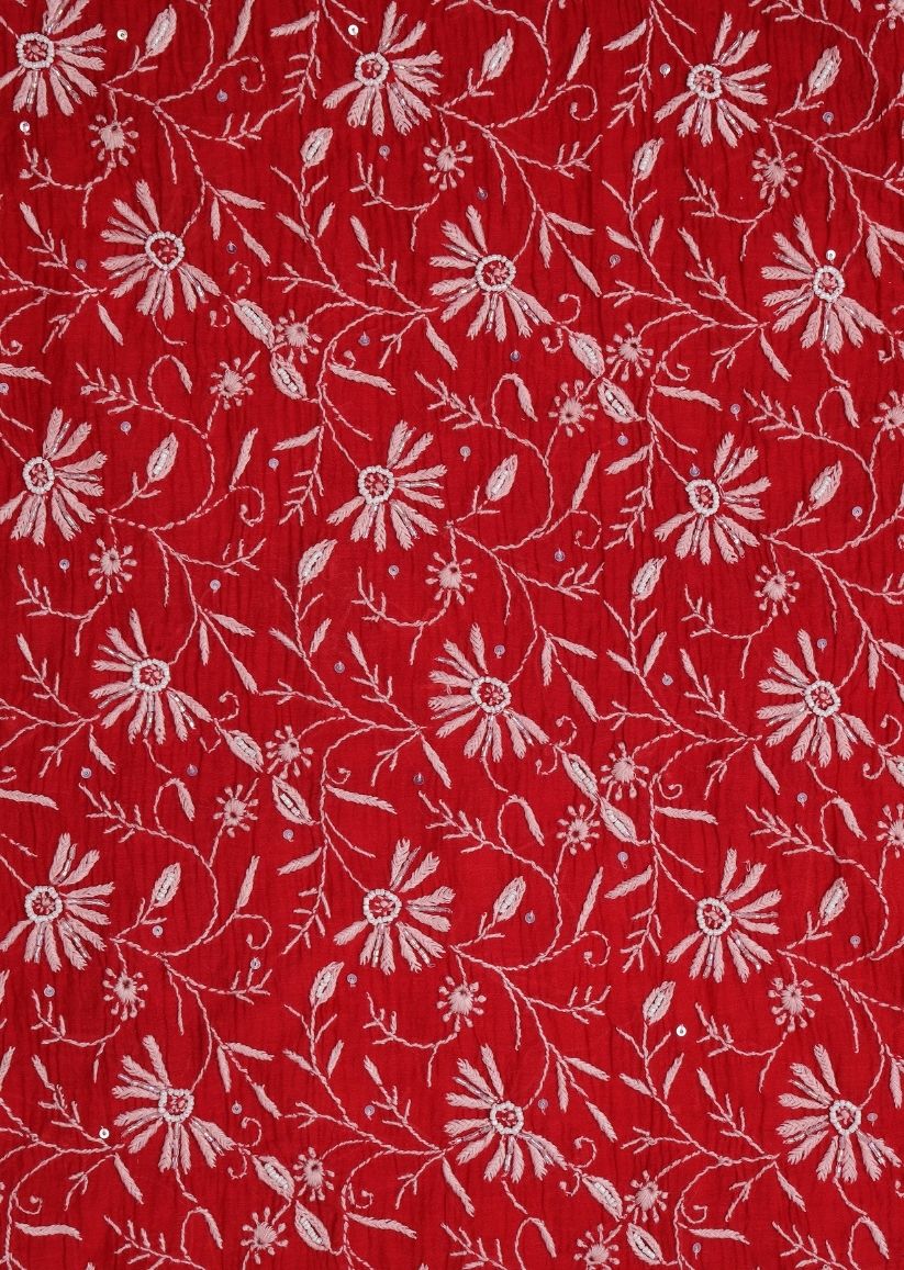 Firgun Red Lucknowi Chikankari Mul Chanderi Unstitched Kurta & Dupatta Set