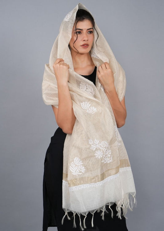 Firgun White & Gold Lucknowi Chikankari Tissue Chanderi Dupatta