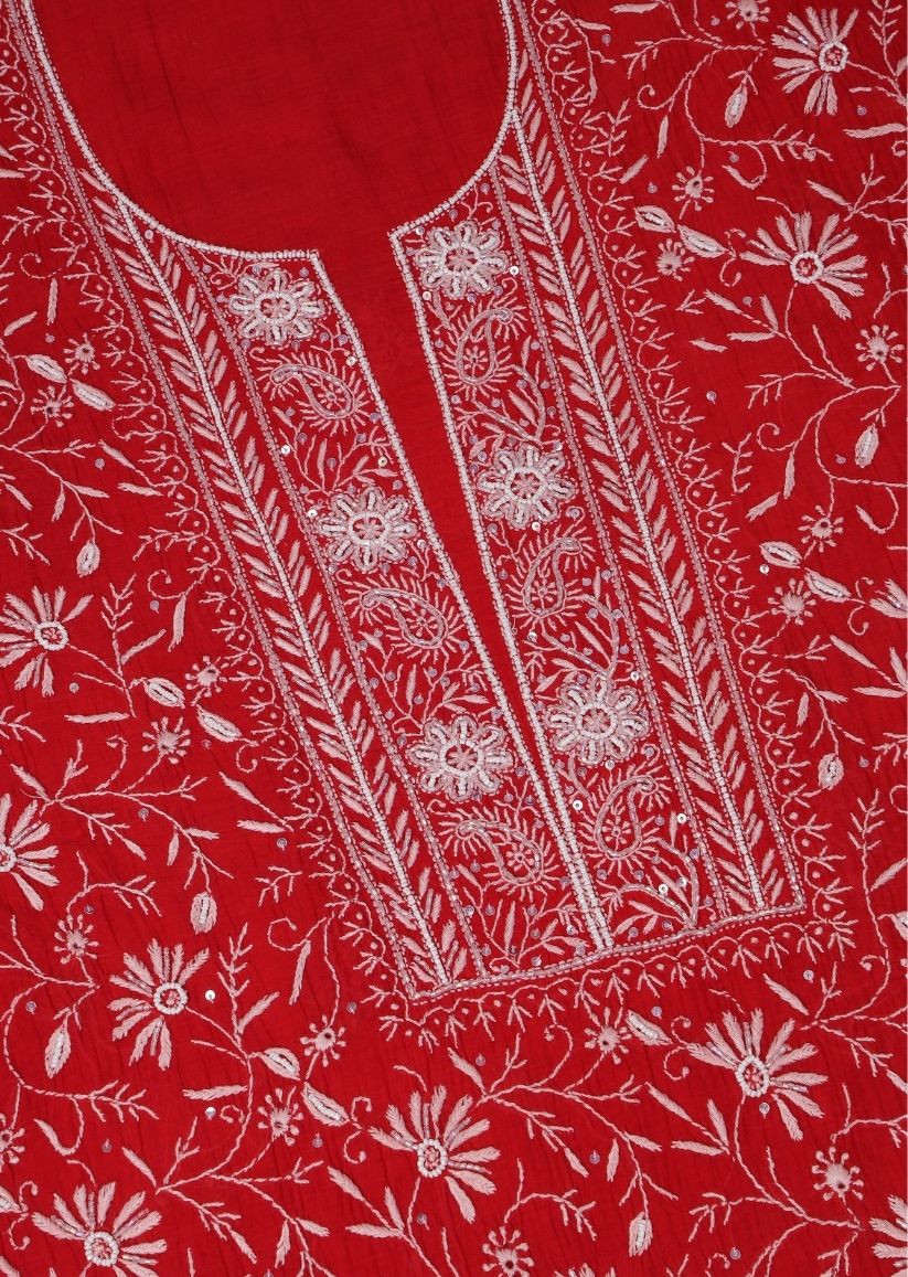 Firgun Red Lucknowi Chikankari Mul Chanderi Unstitched Kurta & Dupatta Set