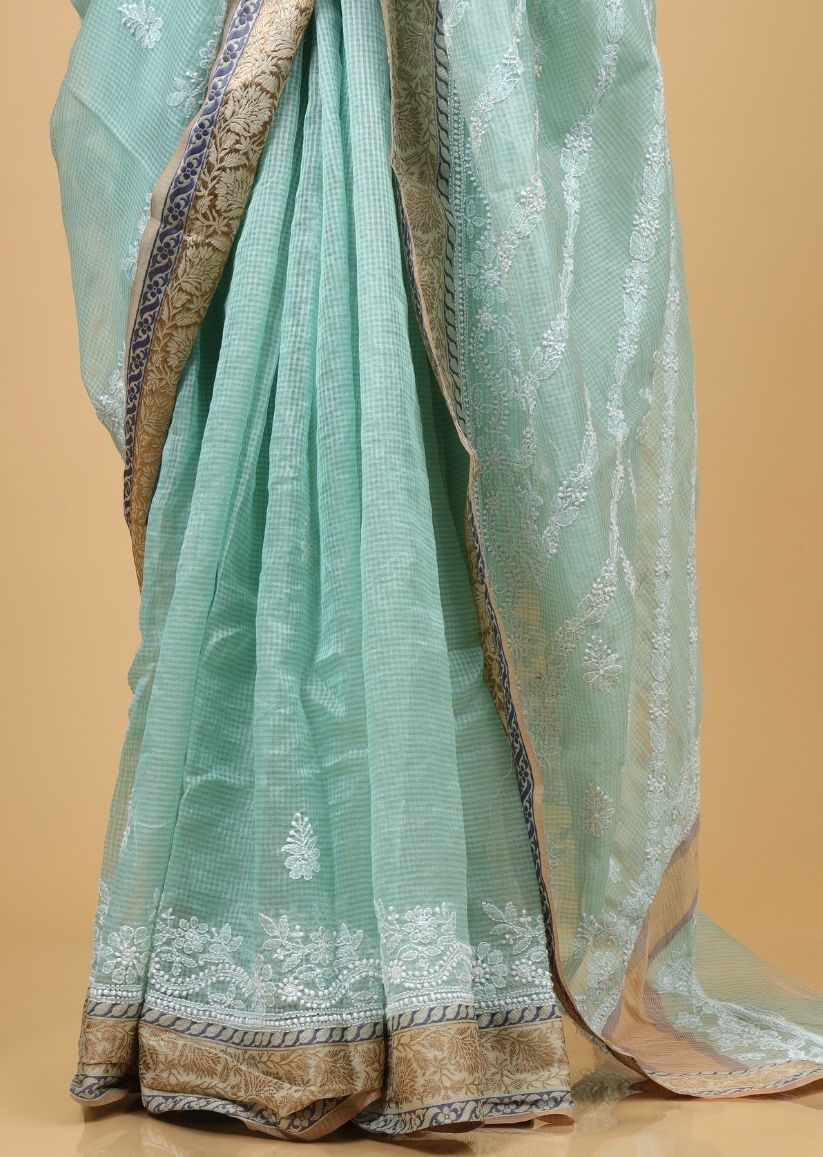 Firgun Green Lucknowi Chikankari Cotton Saree with Unstitched Blouse Piece