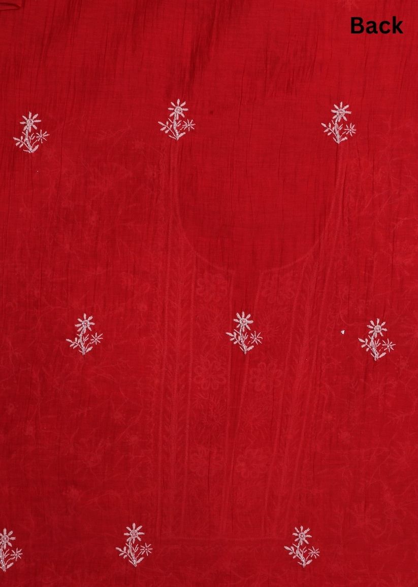 Firgun Red Lucknowi Chikankari Mul Chanderi Unstitched Kurta & Dupatta Set