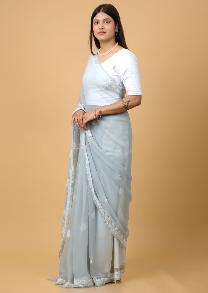 Firgun Grey Lucknowi Chikankari Georgette Saree with Unstitched Blouse Piece