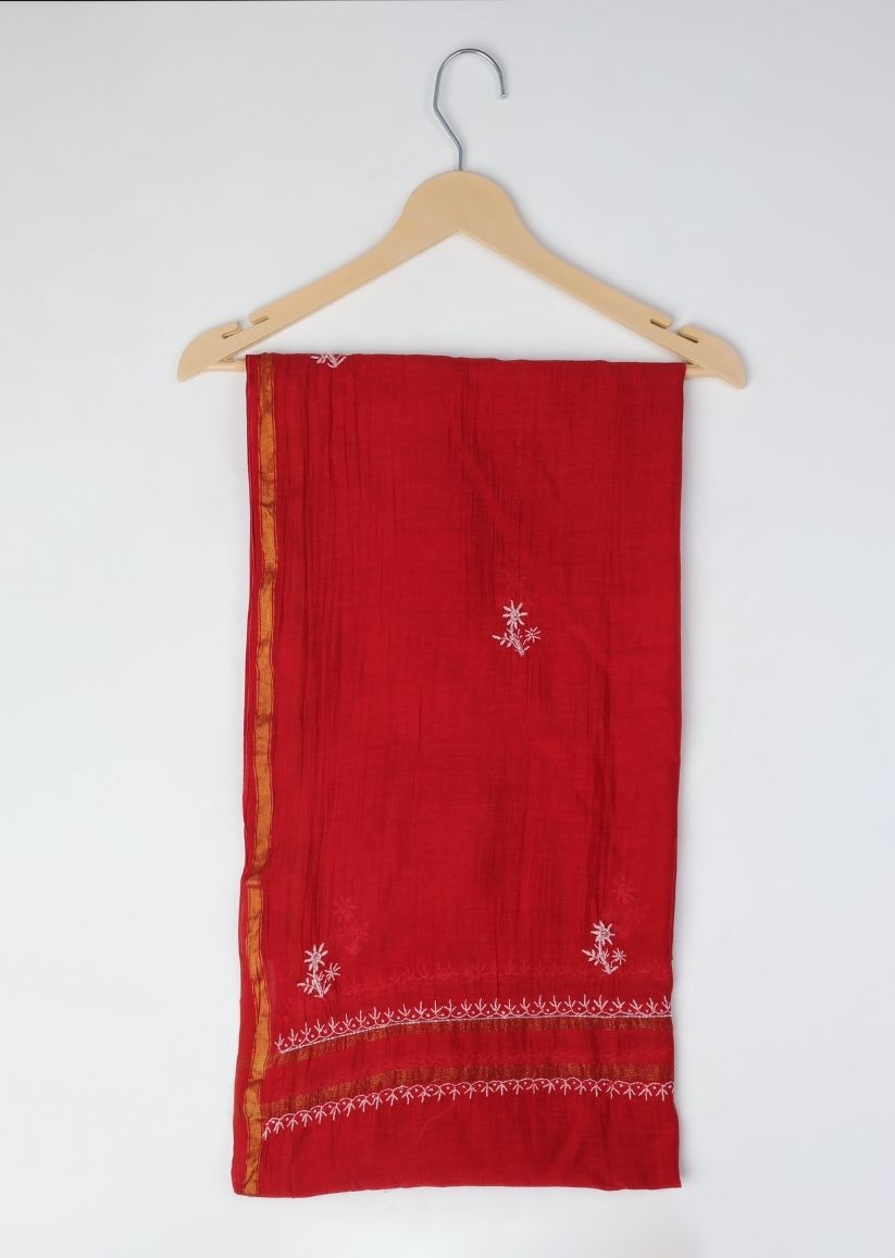 Firgun Red Lucknowi Chikankari Mul Chanderi Unstitched Kurta & Dupatta Set