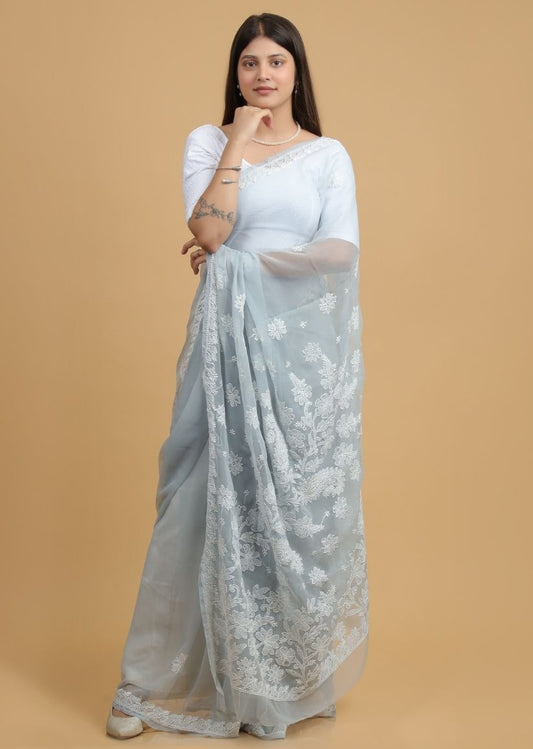 Firgun Grey Lucknowi Chikankari Georgette Saree with Unstitched Blouse Piece