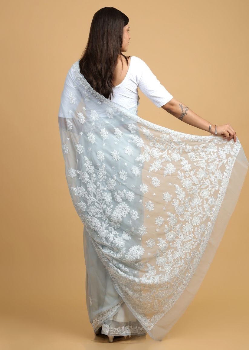 Firgun Grey Lucknowi Chikankari Georgette Saree with Unstitched Blouse Piece