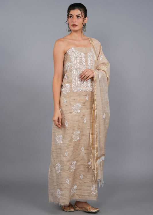 Firgun Beige Lucknowi Chikankari Khadi Silk Unstitched Kurta & Dupatta Set