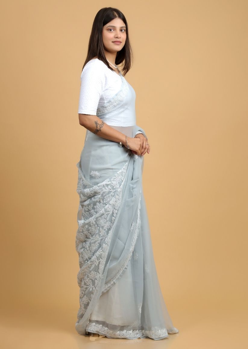 Firgun Grey Lucknowi Chikankari Georgette Saree with Unstitched Blouse Piece