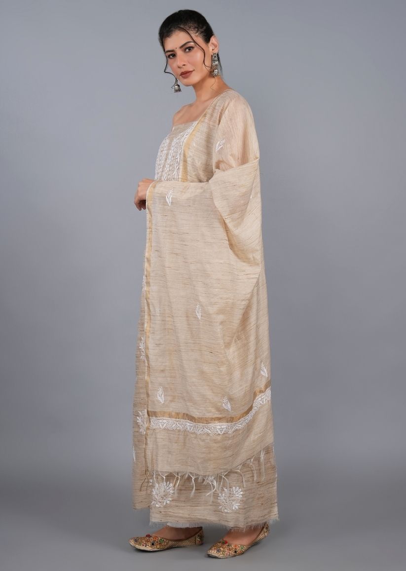 Firgun Beige Lucknowi Chikankari Khadi Silk Unstitched Kurta & Dupatta Set
