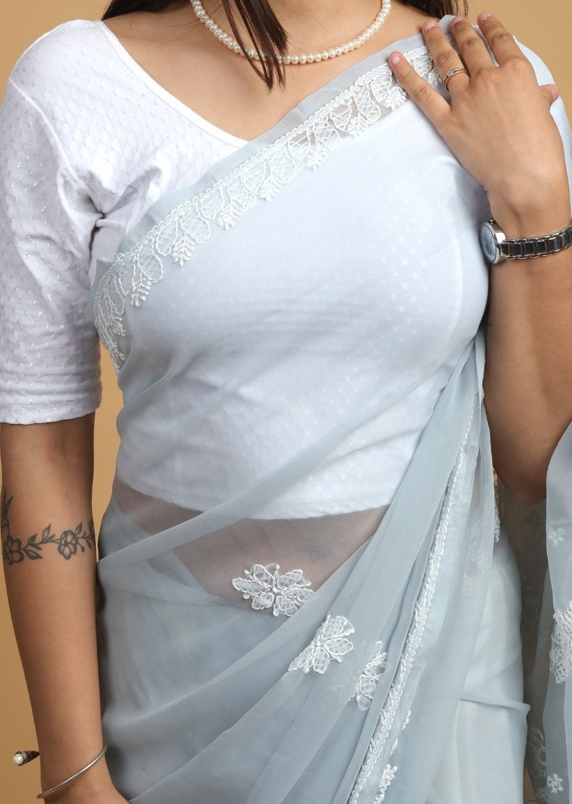 Firgun Grey Lucknowi Chikankari Georgette Saree with Unstitched Blouse Piece