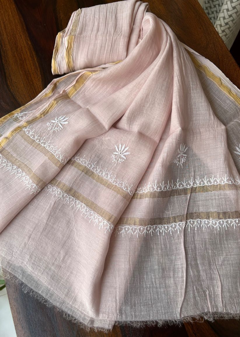 Firgun Pale Pink Lucknowi Chikankari Mul Chanderi Unstitched Kurta & Dupatta Set
