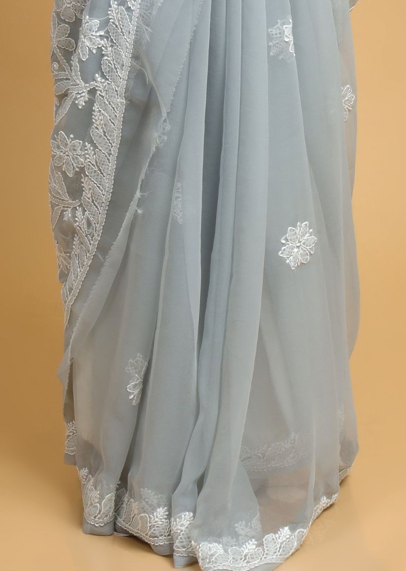 Firgun Grey Lucknowi Chikankari Georgette Saree with Unstitched Blouse Piece