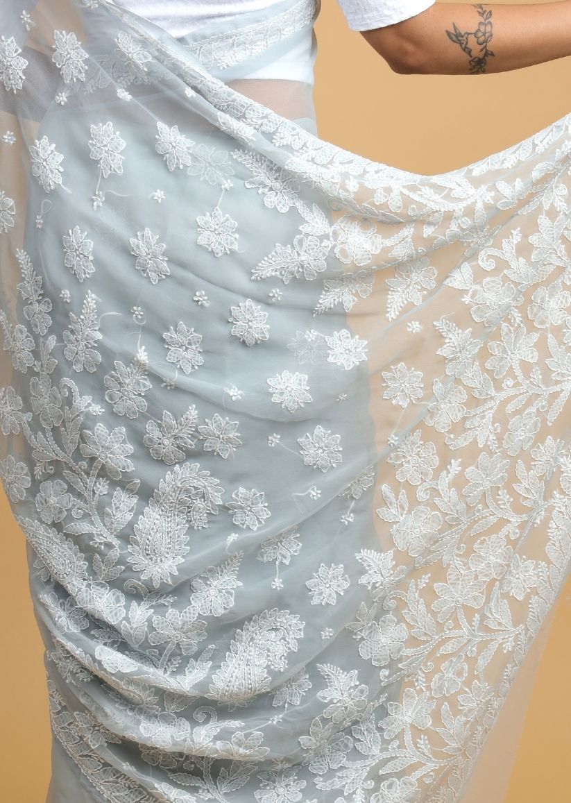 Firgun Grey Lucknowi Chikankari Georgette Saree with Unstitched Blouse Piece