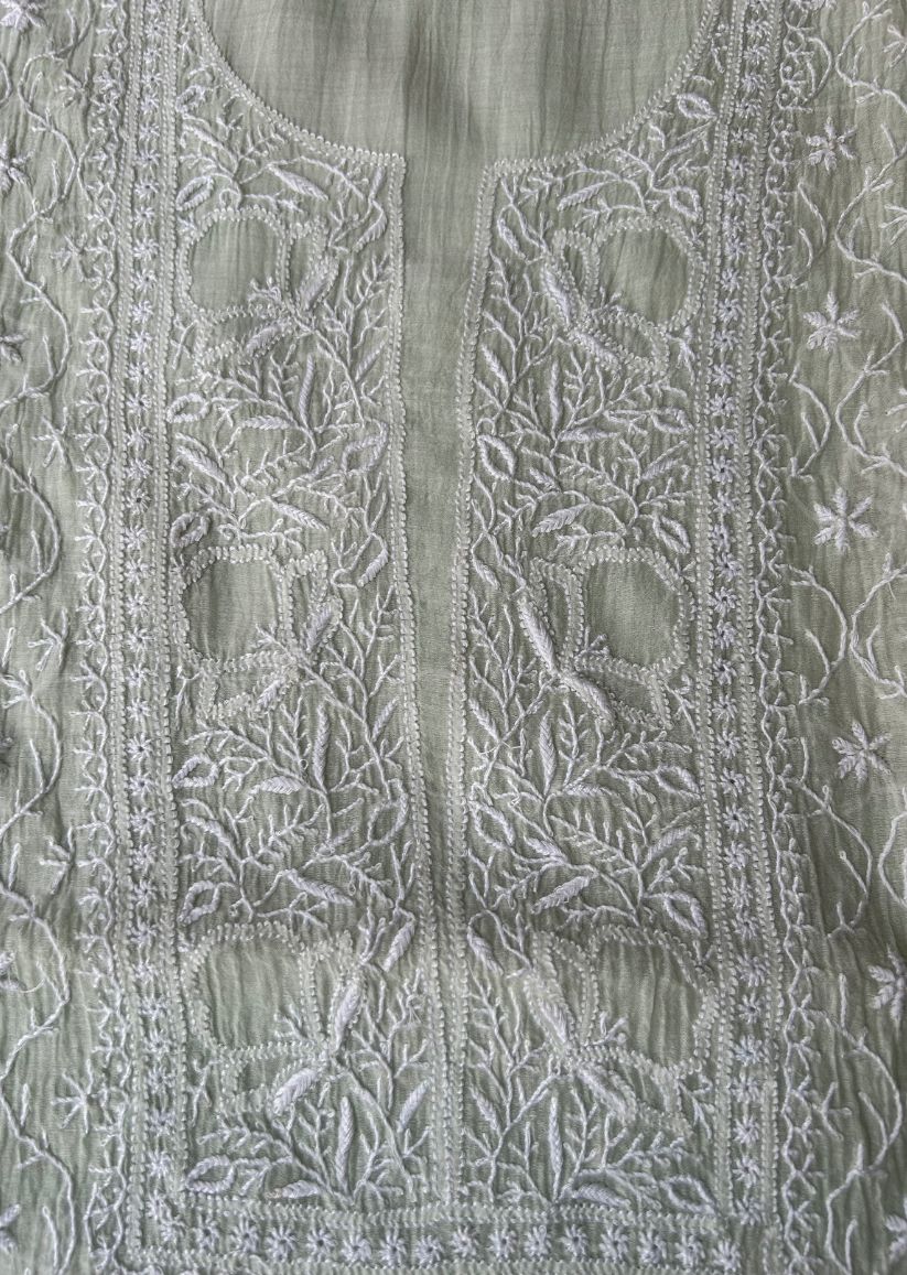 Firgun Pale Mint Green Lucknowi Chikankari Mul Chanderi Unstitched Kurta & Dupatta Set