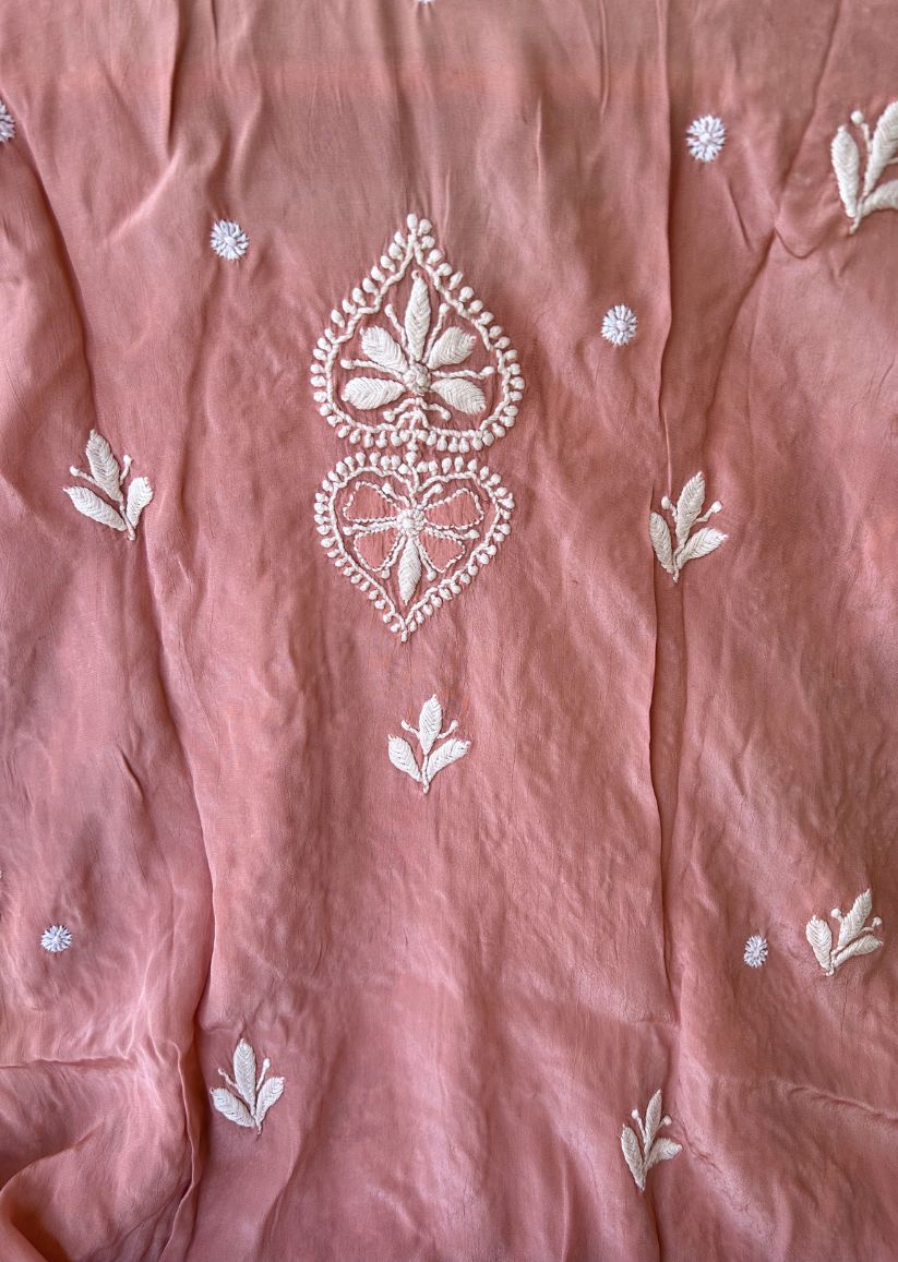 Firgun Peach Lucknowi Chikankari Silk Straight Kurta