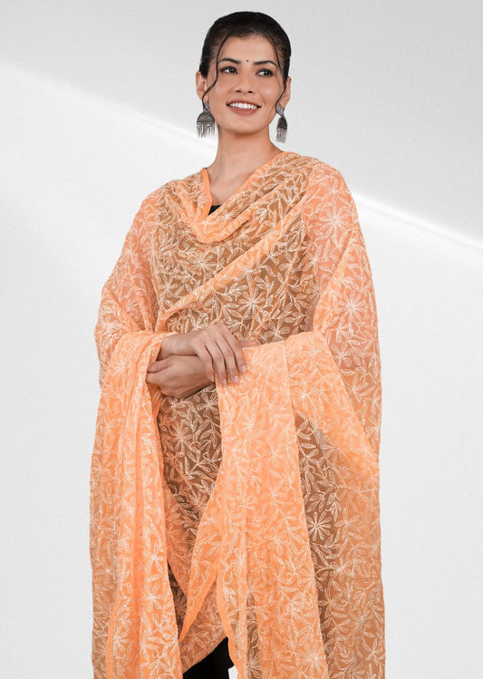 Firgun Orange Tepchi Lucknowi Chikankari Georgette Dupatta1