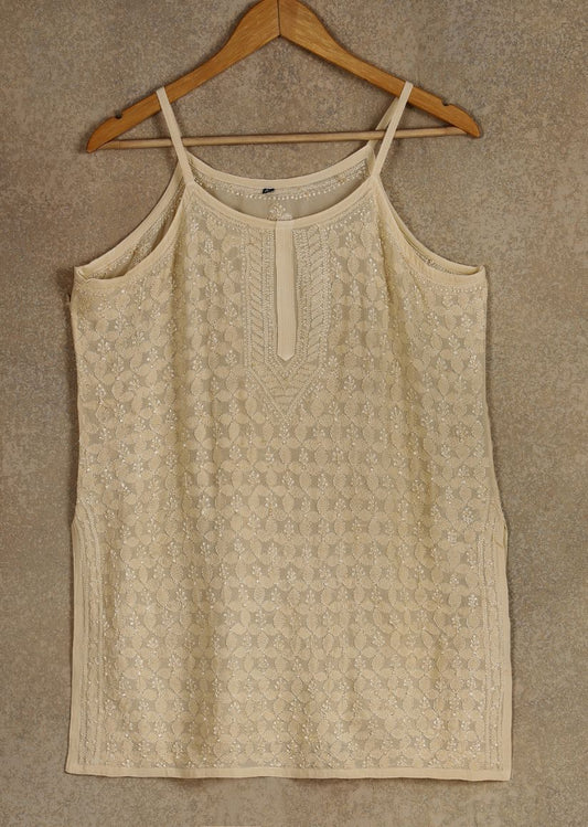 Firgun Beige Lucknowi Chikankari Viscose Georgette Spaghetti Top