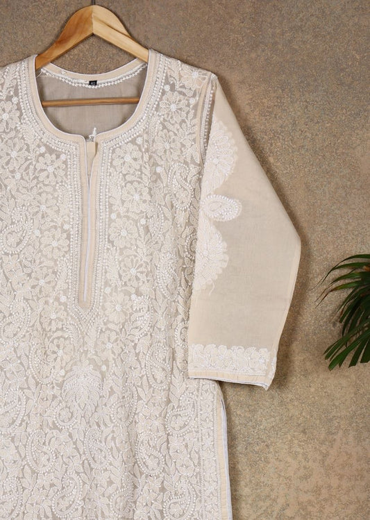 Firgun Beige Lucknowi Chikankari Cotton Kurta with Front Jaal
