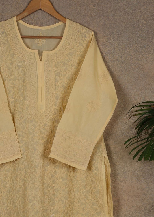 Firgun Beige Chikankari Cotton Kurta with Front Jaal