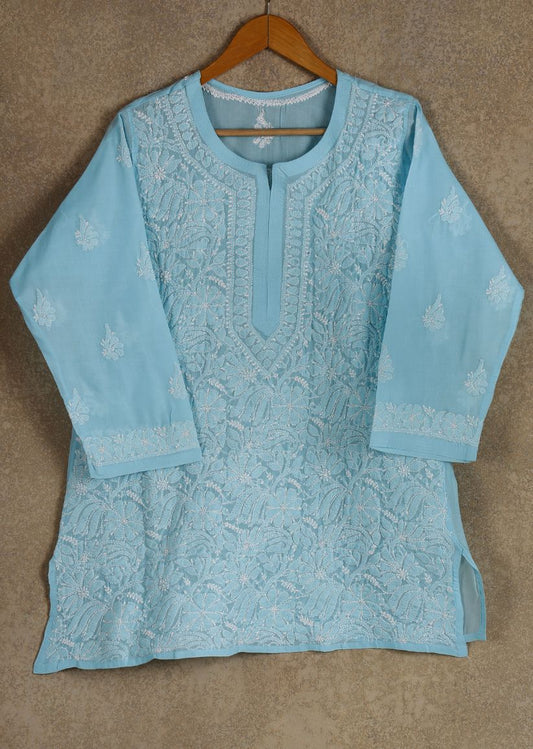 Firgun Blue  Lucknowi Chikankari Cotton Top