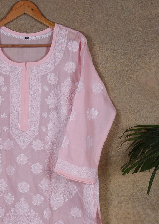 Firgun Blush Pink Lucknowi Chikankari Cotton Kurta with Front Jaal