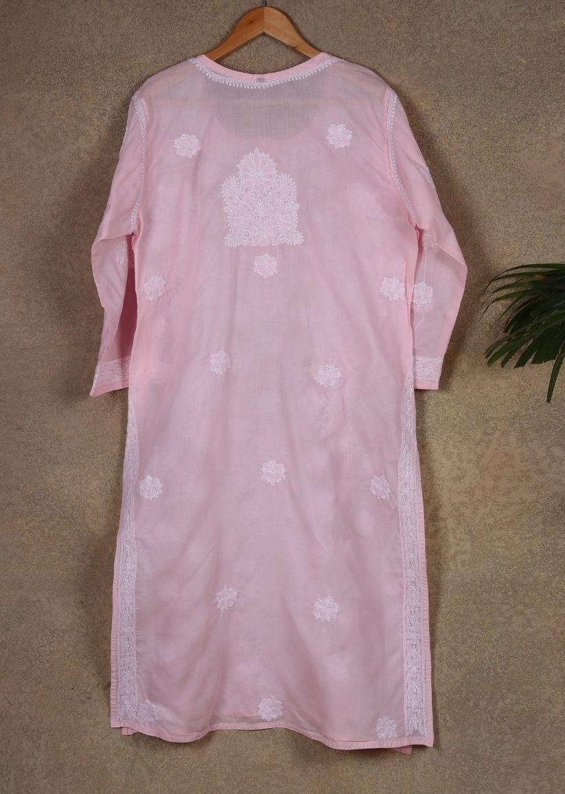 Firgun Blush Pink Lucknowi Chikankari Cotton Kurta with Front Jaal