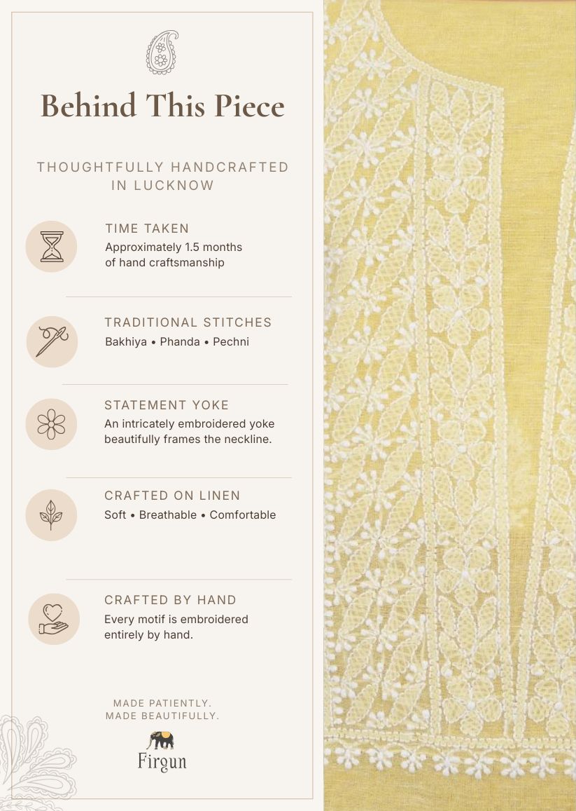 Firgun Yellow Lucknowi Chikankari Linen Unstitched Kurta & Dupatta Set