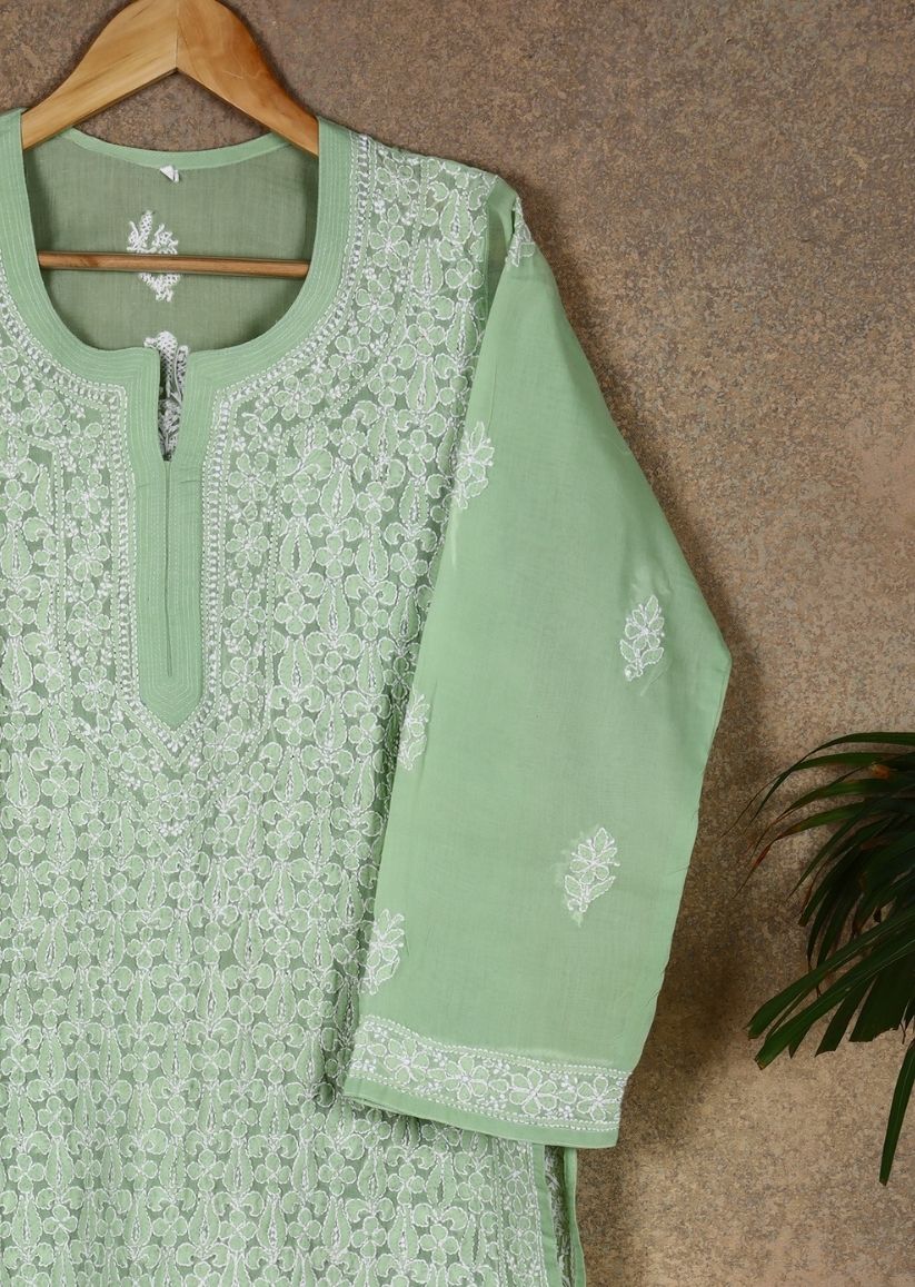 Firgun Peach Lucknowi Chikankari Cotton Kurta with Front Jaal