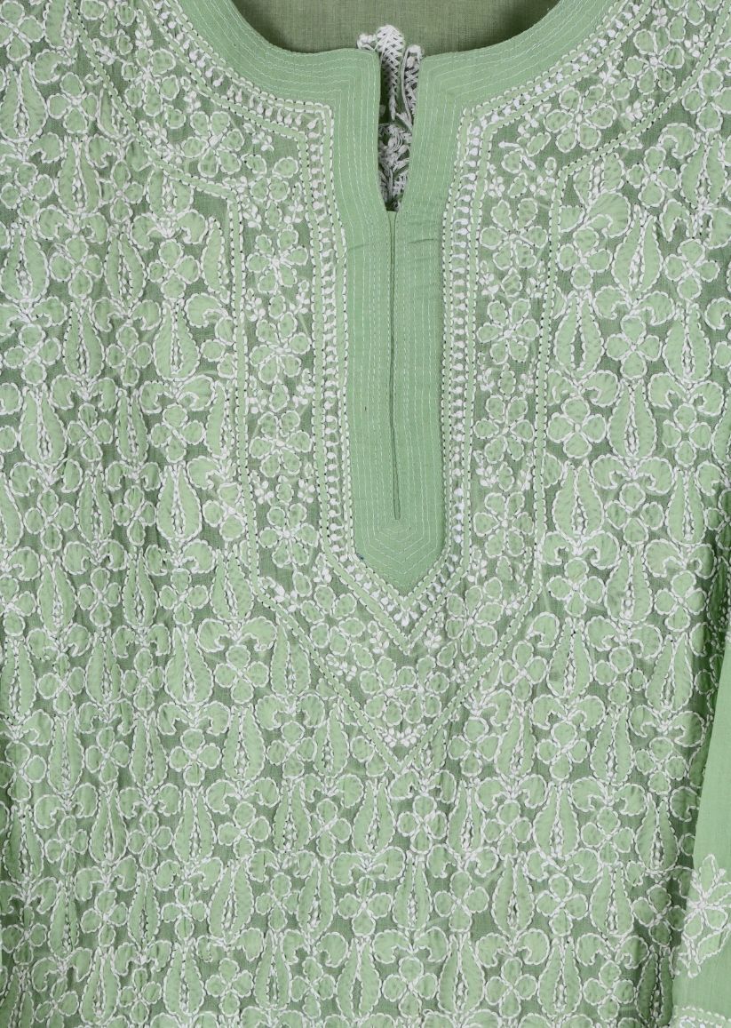Firgun Peach Lucknowi Chikankari Cotton Kurta with Front Jaal