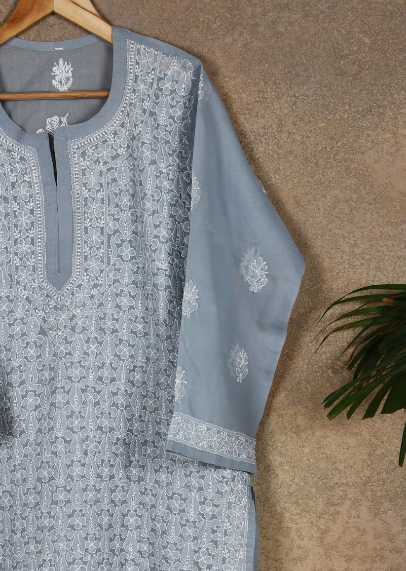 Firgun Peach Lucknowi Chikankari Cotton Kurta with Front Jaal