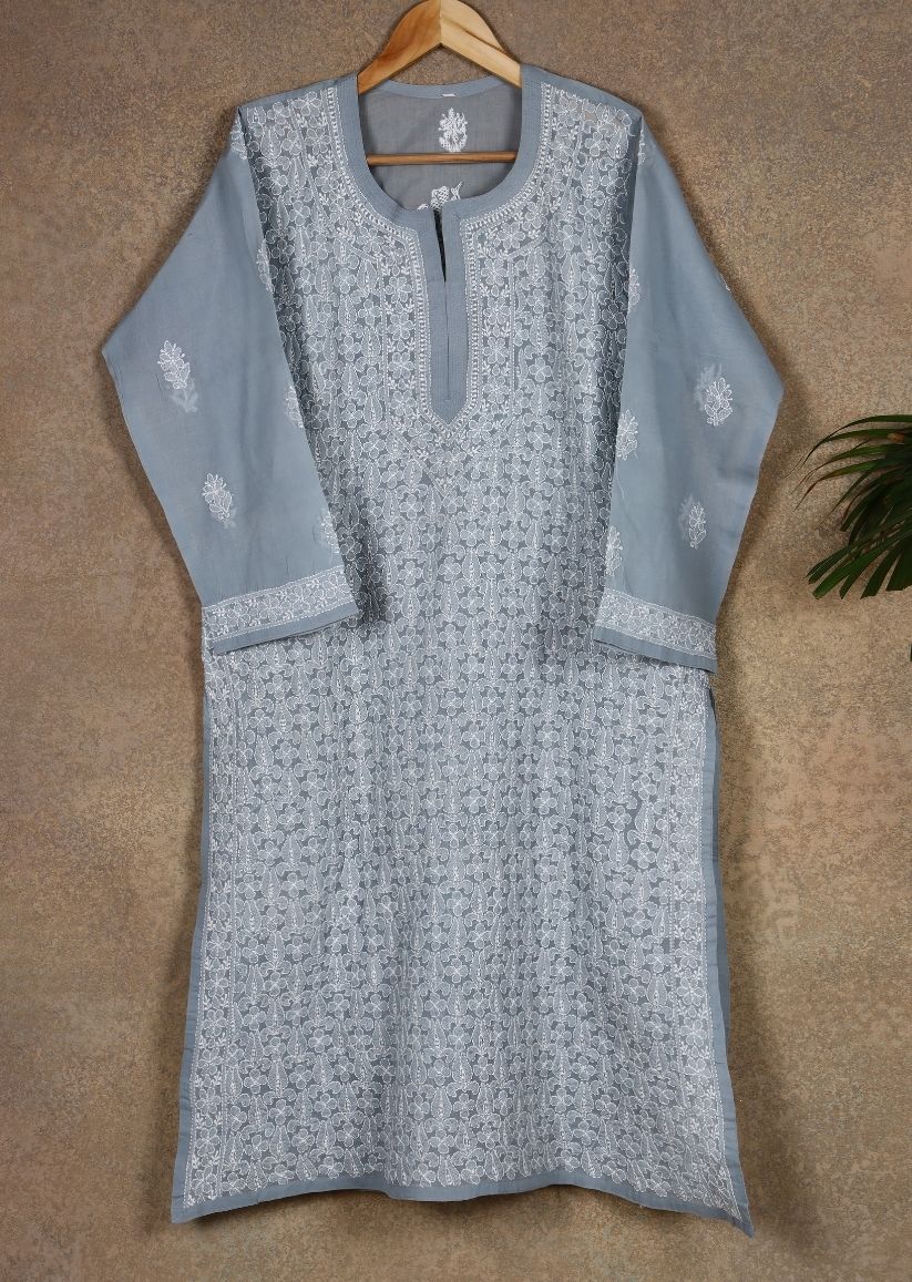 Firgun Peach Lucknowi Chikankari Cotton Kurta with Front Jaal