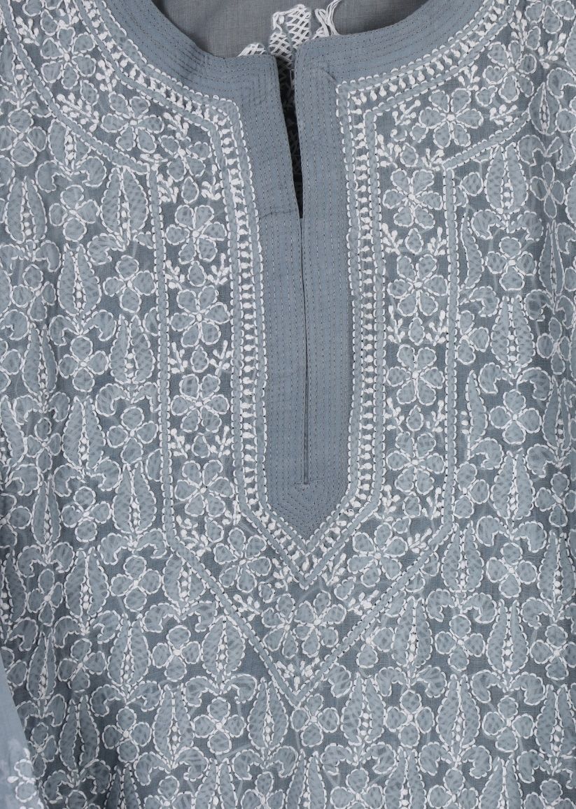 Firgun Peach Lucknowi Chikankari Cotton Kurta with Front Jaal