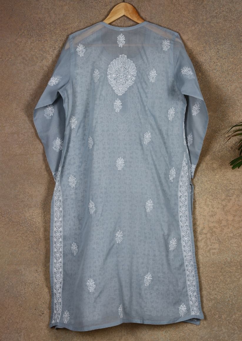 Firgun Peach Lucknowi Chikankari Cotton Kurta with Front Jaal