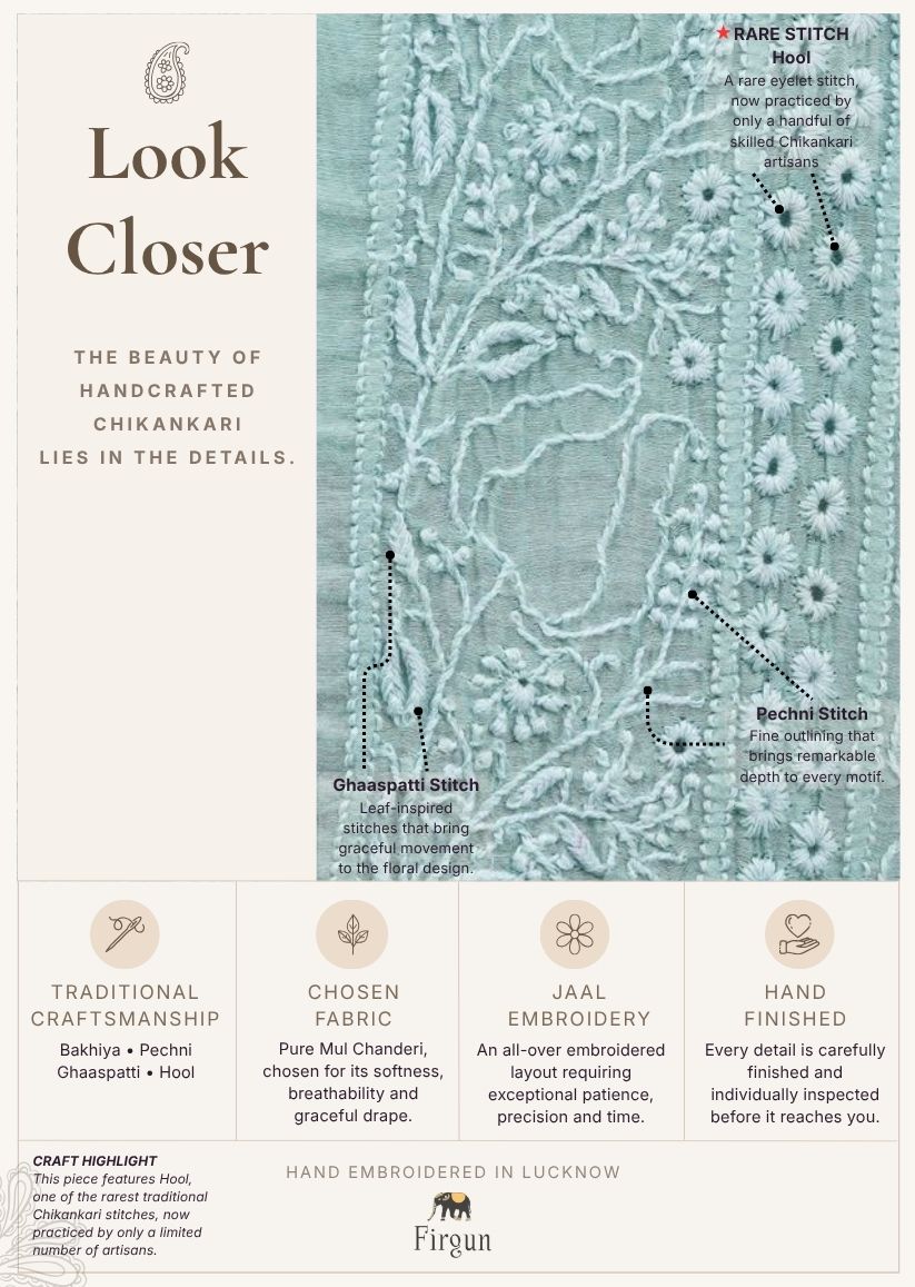 Firgun Pine Green Lucknowi Chikankari Mul Chanderi Unstitched Kurta & Dupatta Set