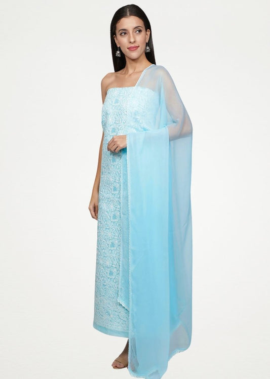 Firgun Powder Blue Lucknowi Chikankari Cotton Unstitched Suit Set
