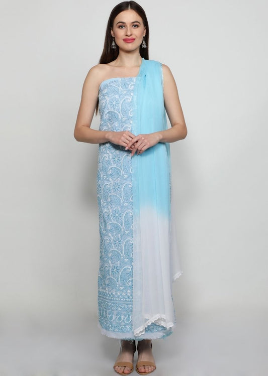 Firgun Blue Lucknowi Chikankari Cotton Unstitched Suit Set