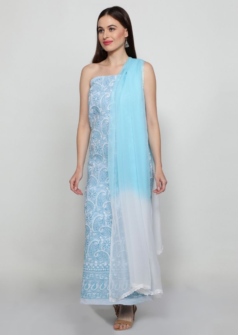Firgun Blue Lucknowi Chikankari Cotton Unstitched Suit Set