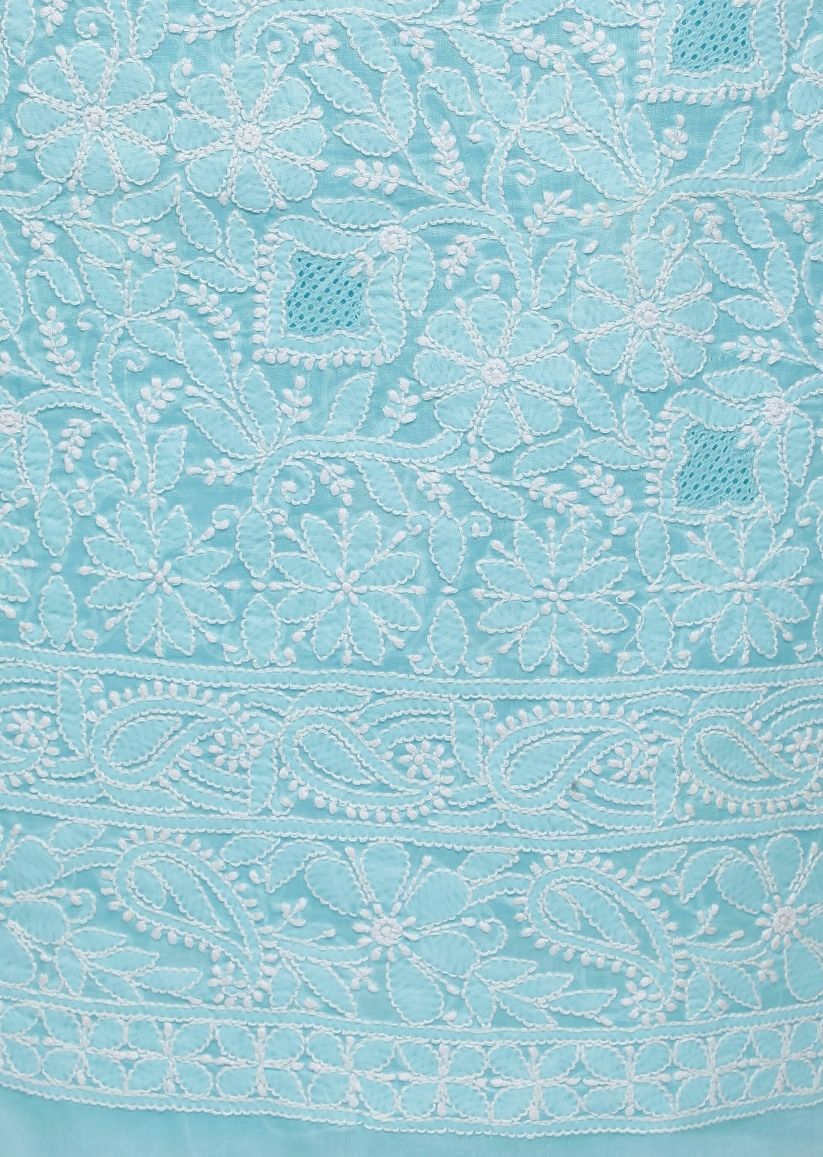 Firgun Powder Blue Lucknowi Chikankari Cotton Unstitched Suit Set