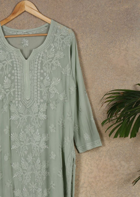 Firgun Mehendi Green Lucknowi Chikankari Viscose Georgette Kurta