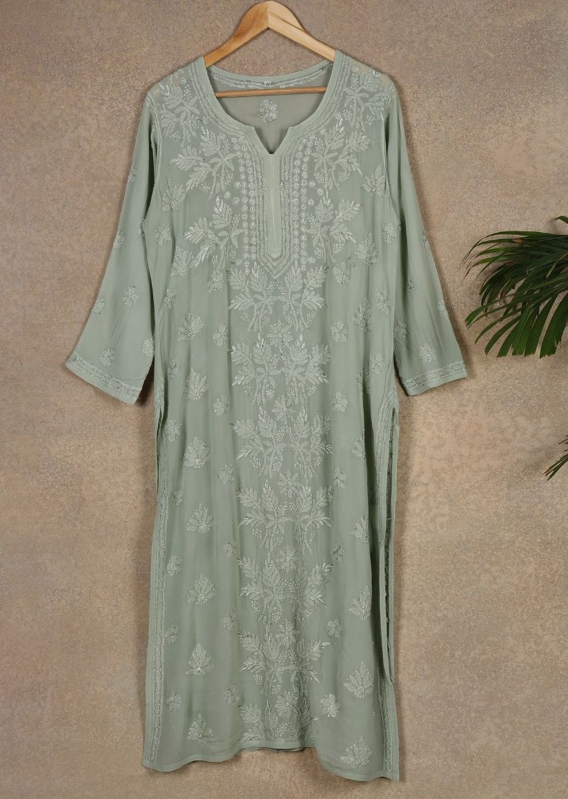 Firgun Mehendi Green Lucknowi Chikankari Viscose Georgette Kurta