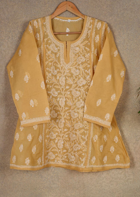 Firgun Mustard Lucknowi Chikankari Cotton Top