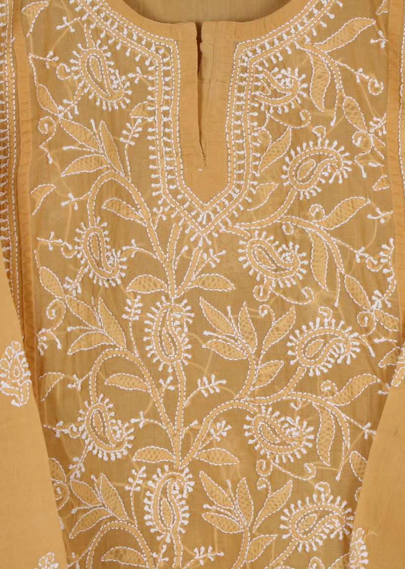 Firgun Mustard Lucknowi Chikankari Cotton Top