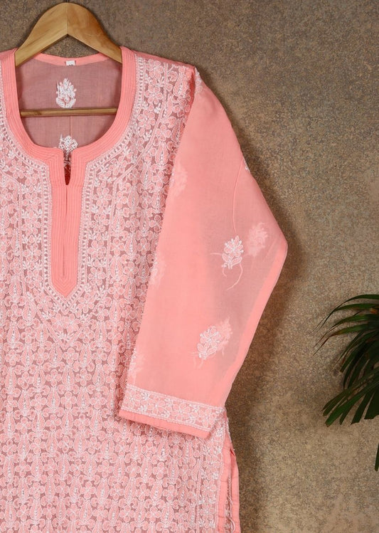 Firgun Peach Lucknowi Chikankari Cotton Kurta with Front Jaal