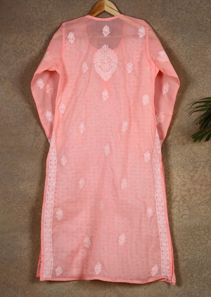 Firgun Peach Lucknowi Chikankari Cotton Kurta with Front Jaal