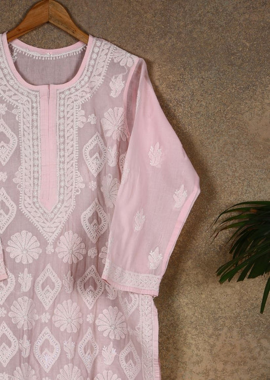 Firgun Pink Lucknowi Chikankari Cotton Kurta with Front Jaal