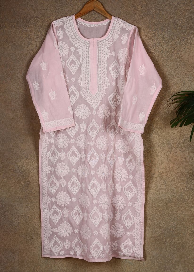 Firgun Pink Lucknowi Chikankari Cotton Kurta with Front Jaal
