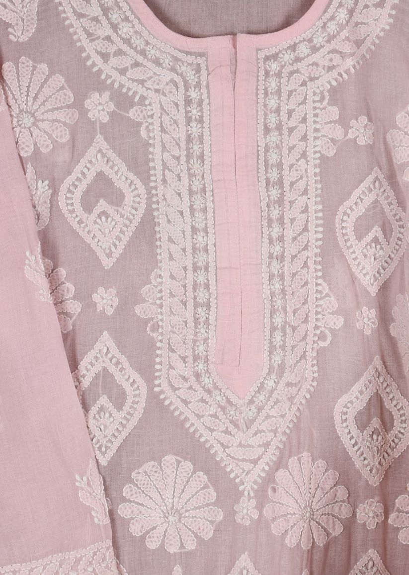 Firgun Pink Lucknowi Chikankari Cotton Kurta with Front Jaal
