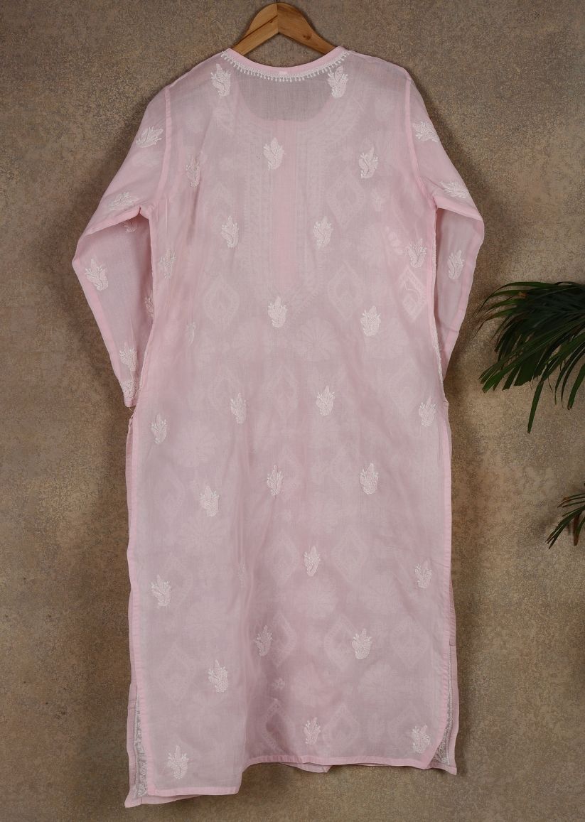 Firgun Pink Lucknowi Chikankari Cotton Kurta with Front Jaal